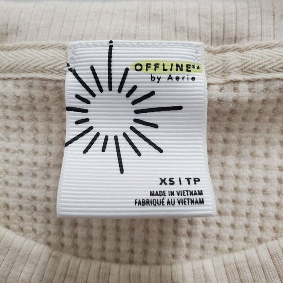 Offline by Aerie Oversized Cream Waffle Knit Hi-Lo Thumbhole Graphic Pullover XS - Picture 5 of 6